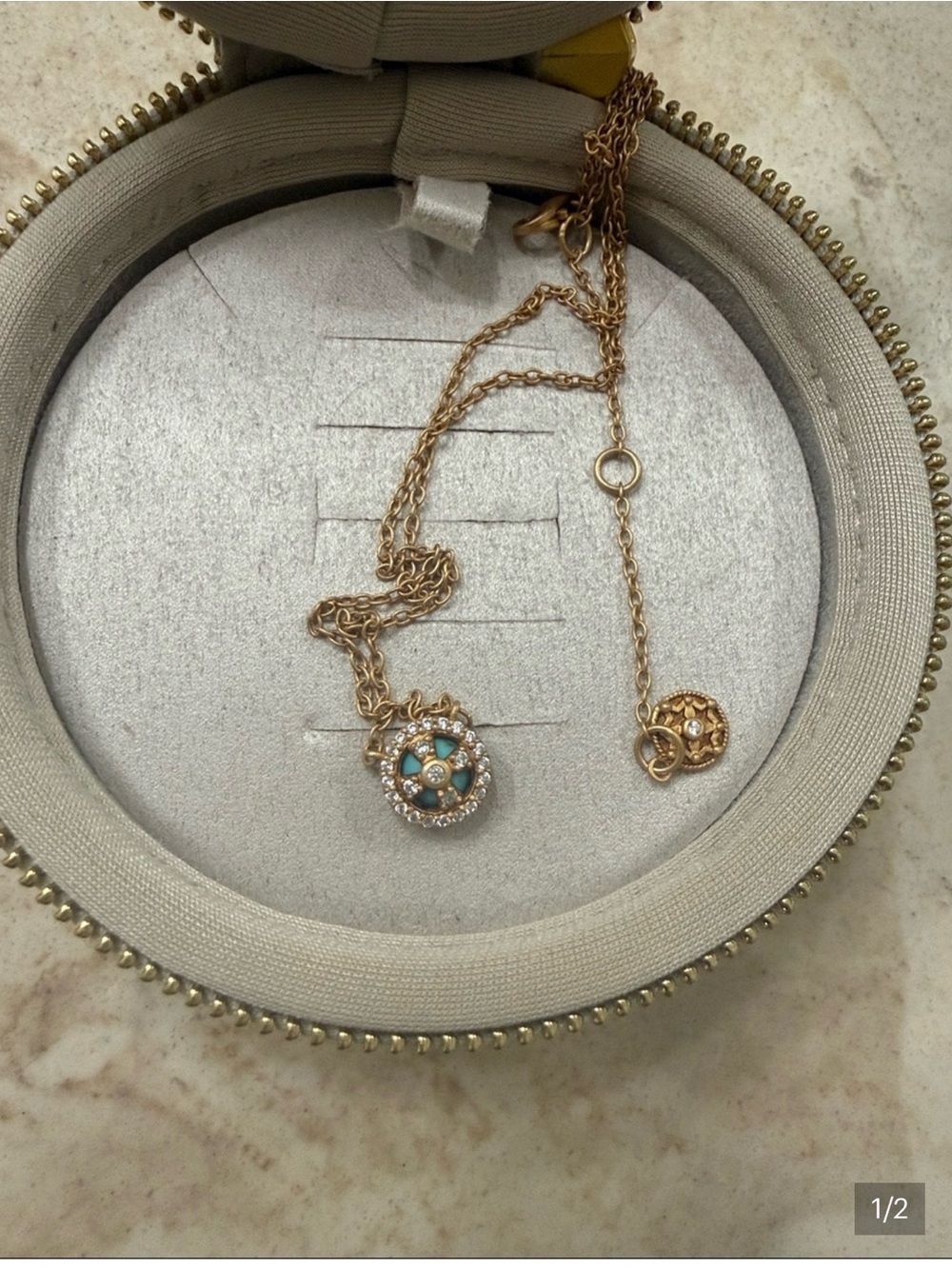 Gold-Tone Necklace with Turquoise Center and Crystal Halo - Women's Pendant